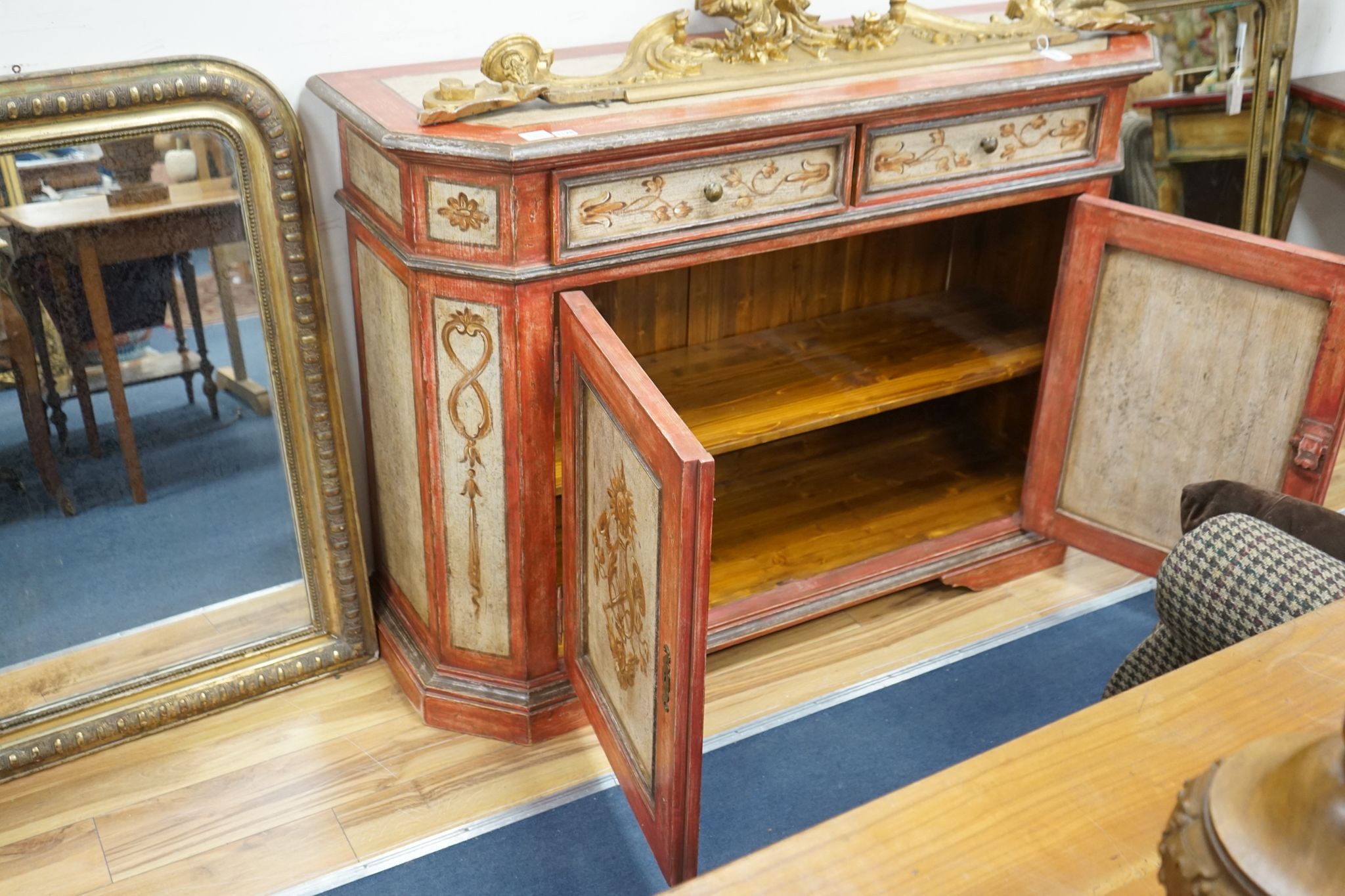 An 18th century French provincial style painted two door side cabinet, length 150cm, depth 49cm, height 105cm